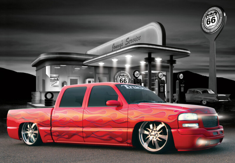 Custom Red Pickup Truck — Dramatic, Night