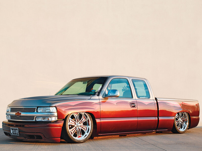 Custom Red Pickup Truck — Dramatic, Sunset