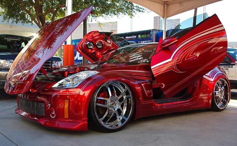 Custom red sports car on display