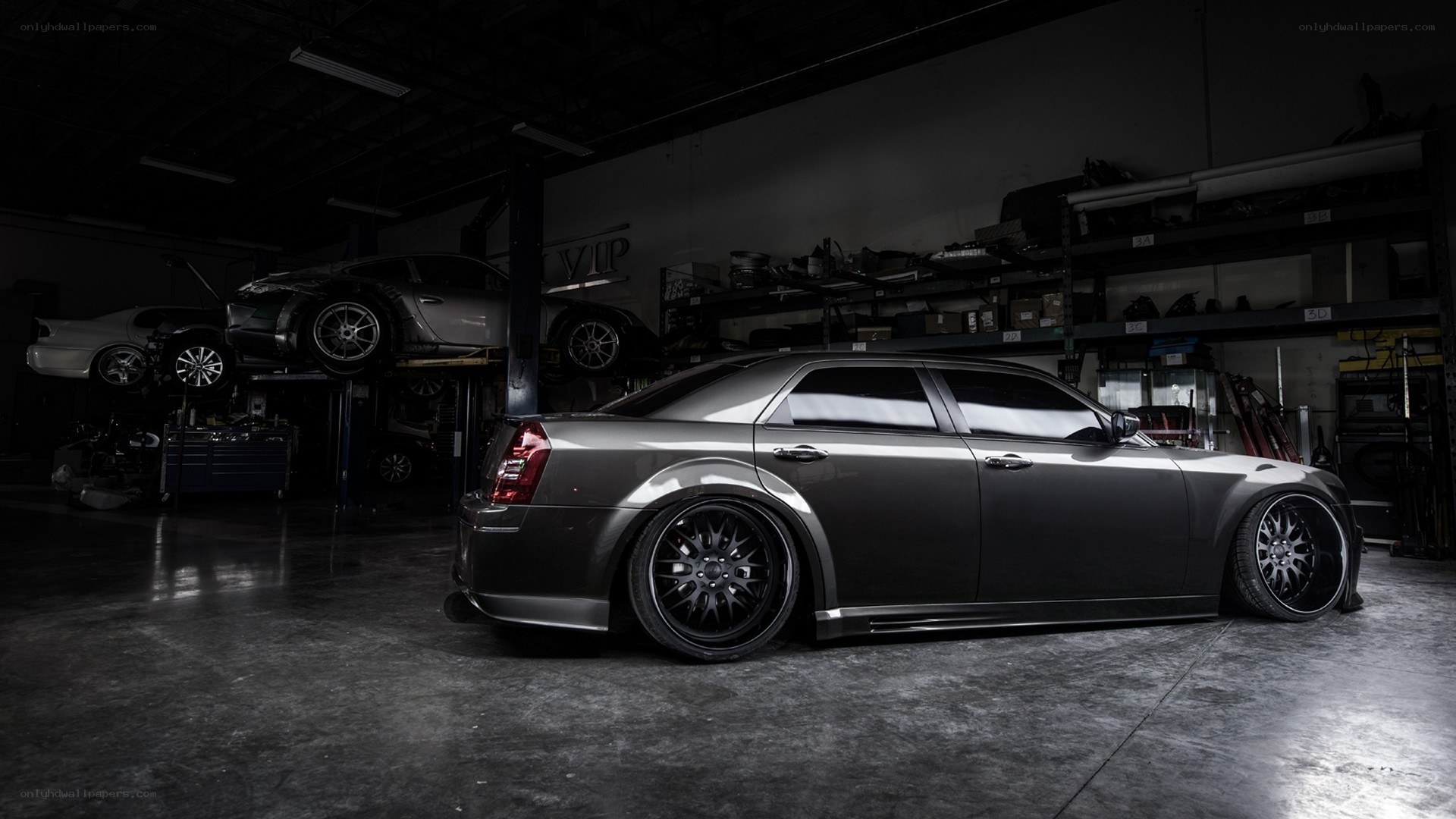 Custom sedan in garage