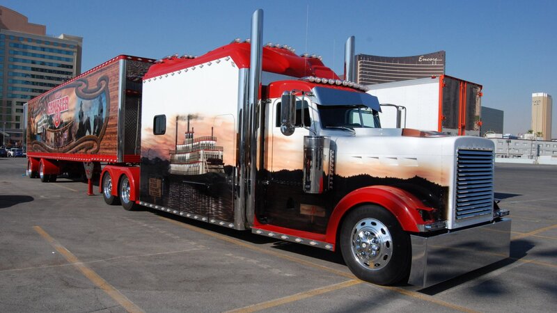 Custom Semi-truck — Red, Dramatic, Afternoon