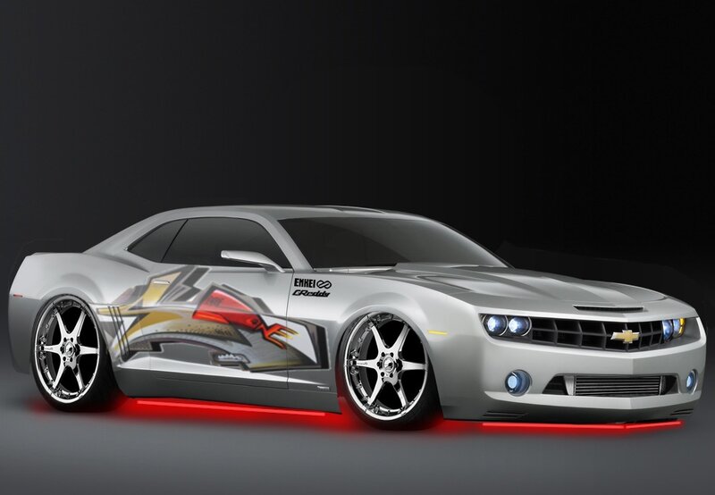 Custom silver Camaro with graphics
