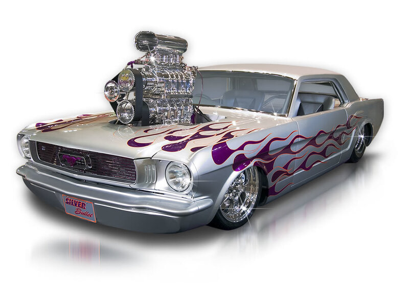 custom silver mustang with flames