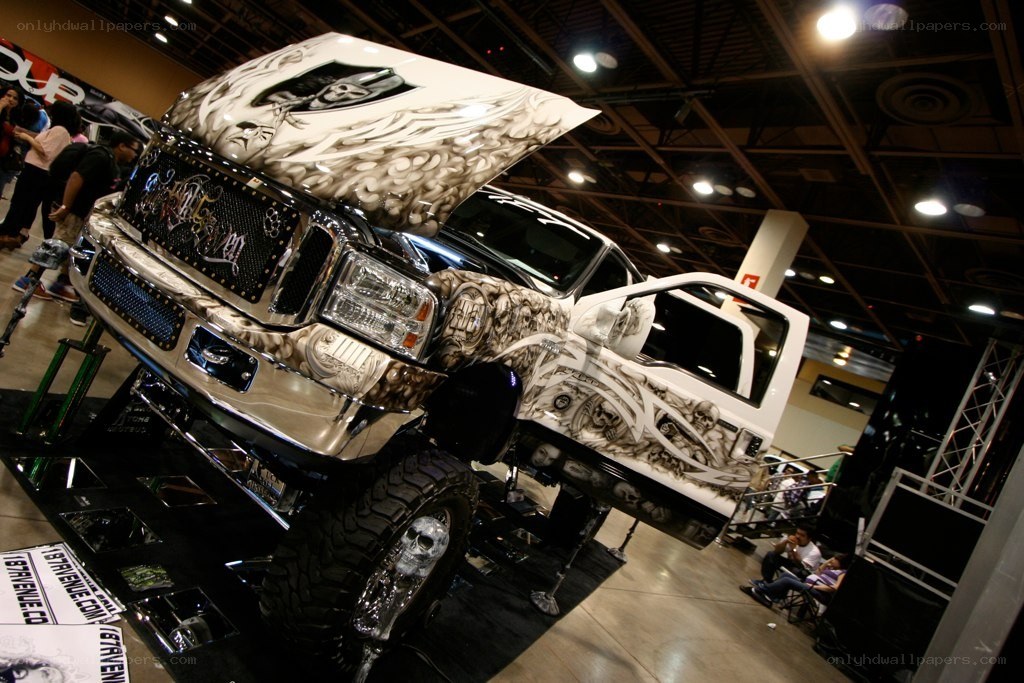 Custom skull-painted truck on display