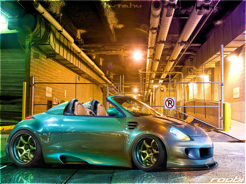 Custom teal sports car in garage