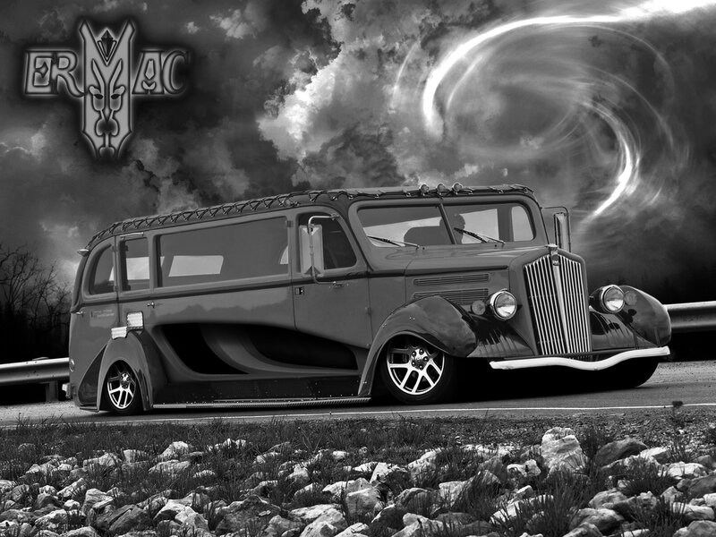 Custom vintage car on road