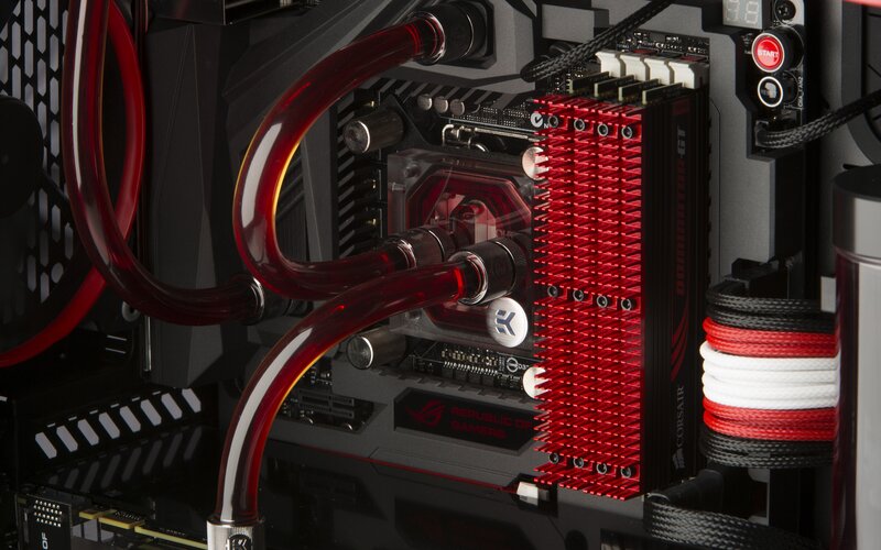 Custom Water-cooled PC — Black, Technical, Photograph, Red Tubing