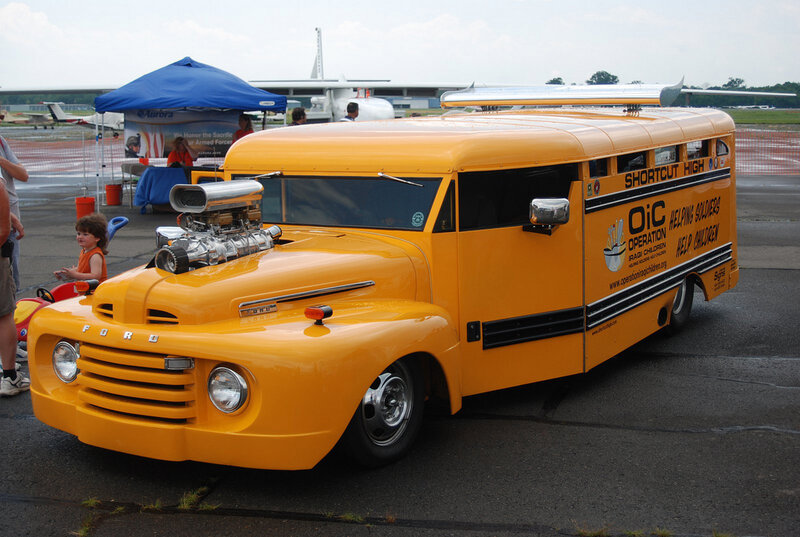 Custom yellow school bus with supercharged engine