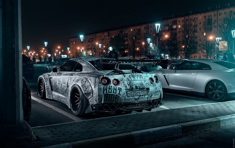 Customized Sports Car — Black, Dramatic, Night