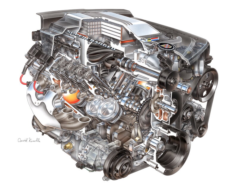 Cutaway of a supercharged engine