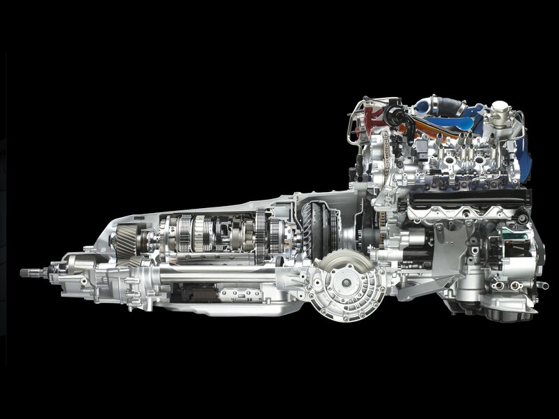 Cutaway of car engine and transmission