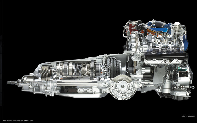 Cutaway of car engine and transmission