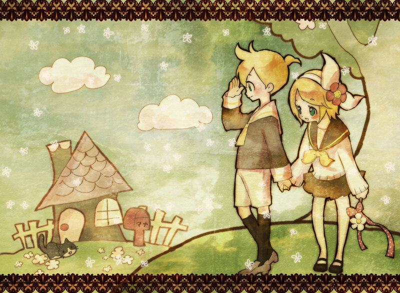 cute anime couple in a village