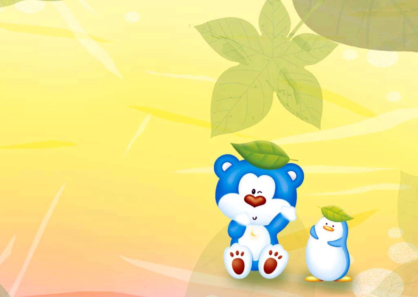 cute bear and penguin with leaves