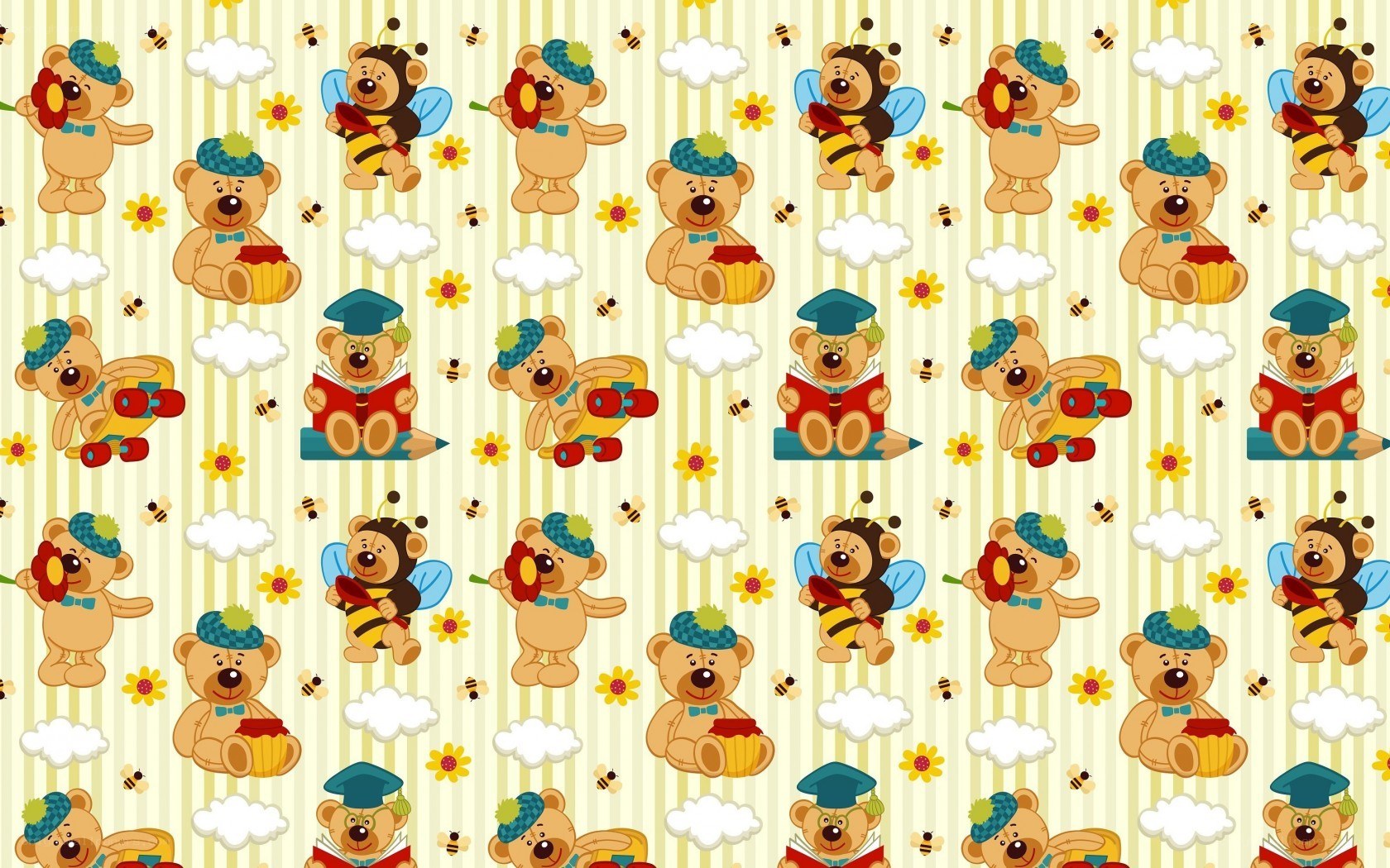 cute bear pattern with bees and flowers