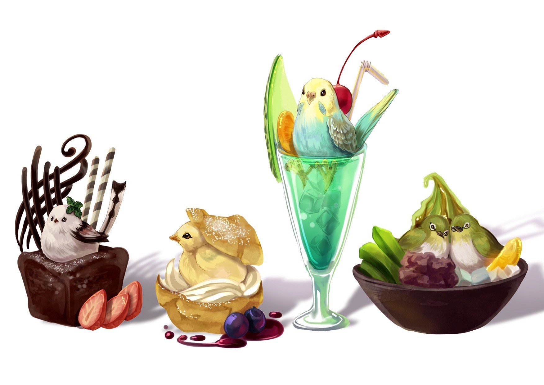 cute birds with desserts