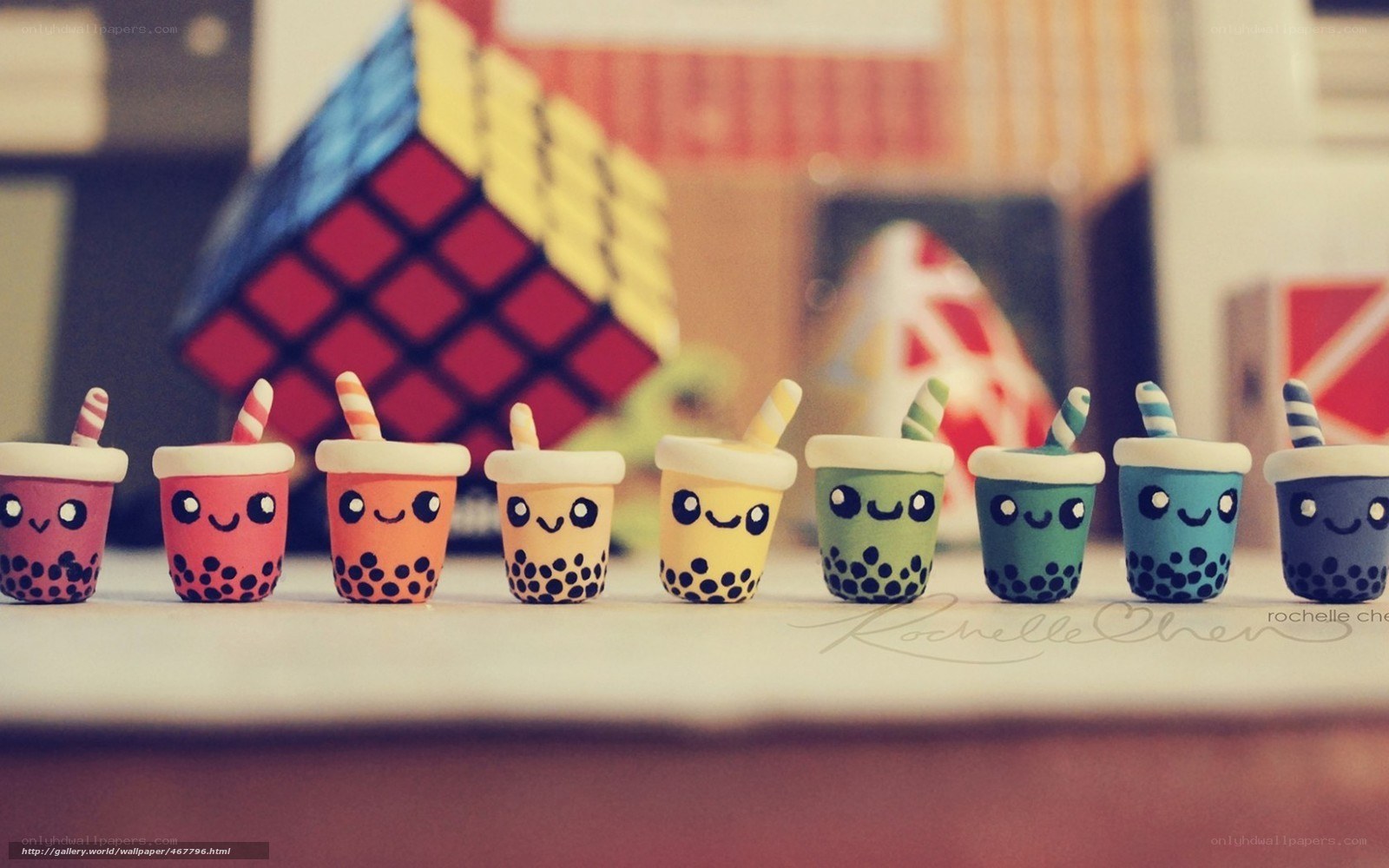 Cute boba tea cups in a row