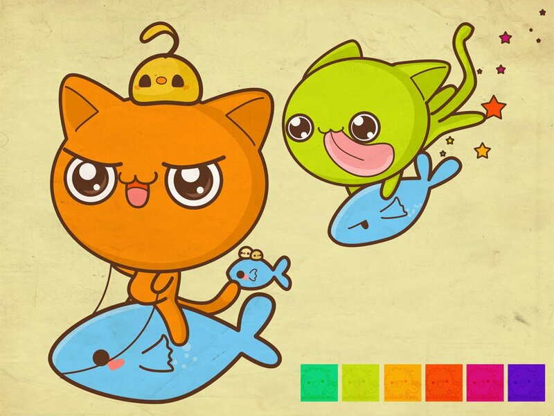 cute cartoon cats with fish