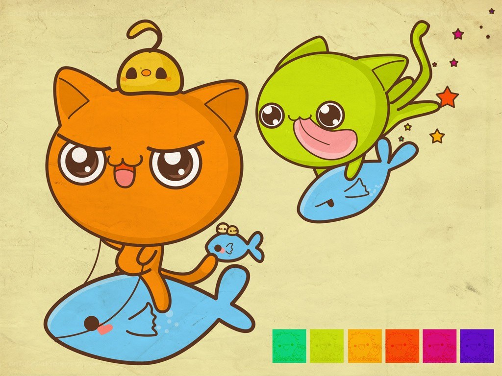 cute cartoon cats with fish