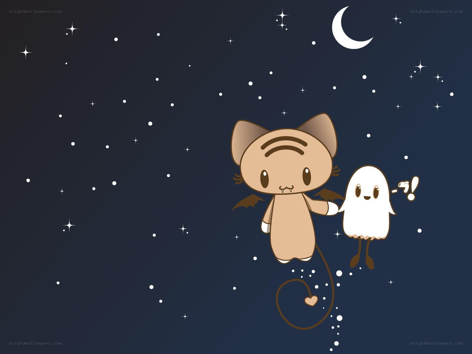 cute cat and ghost in night sky