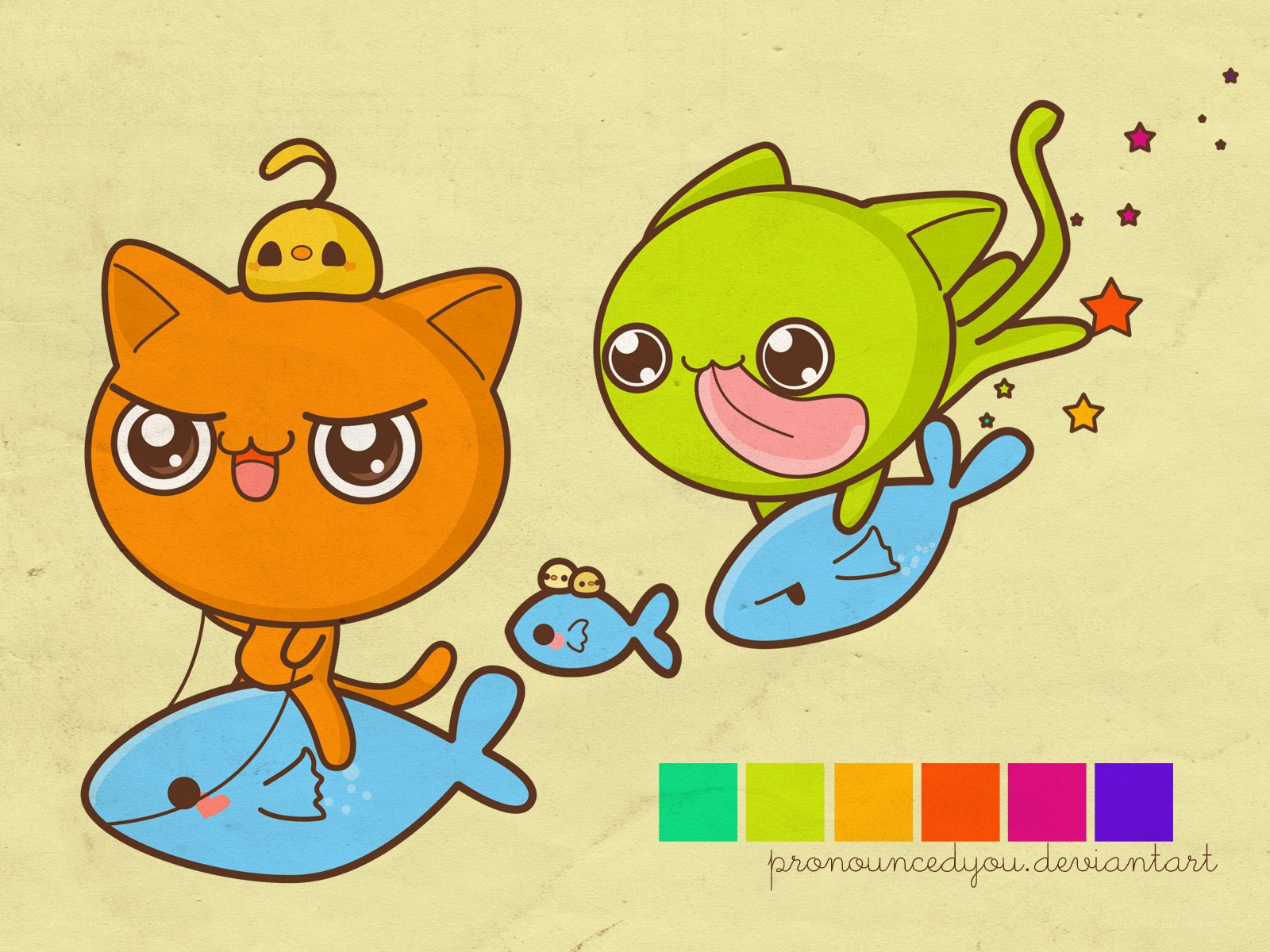 cute cat characters with fish