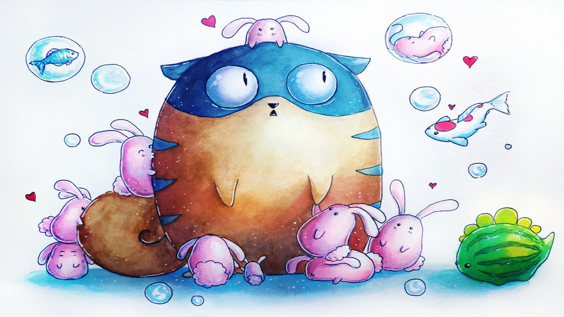 Cute cat with bunnies and fish