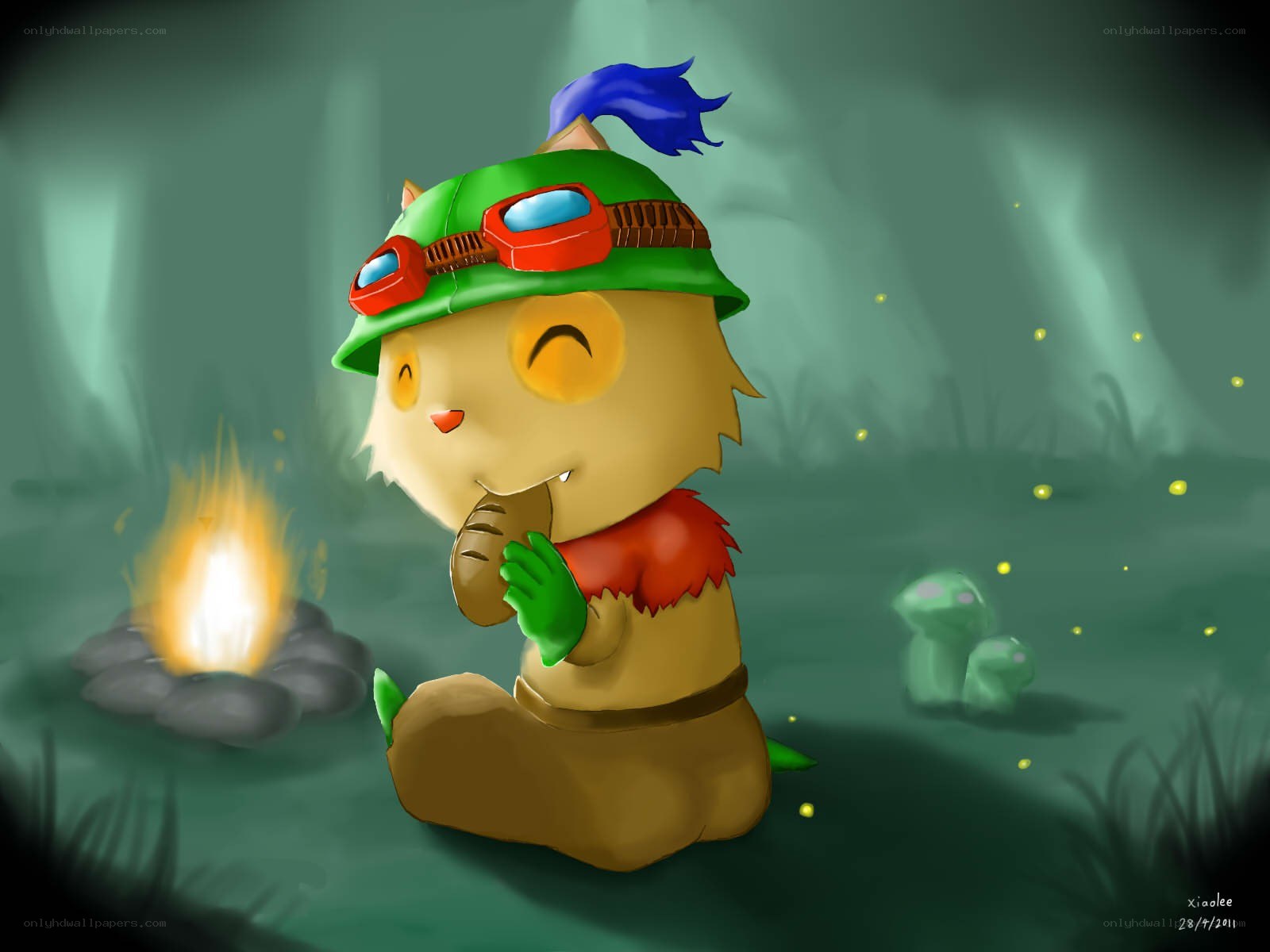 cute character by campfire