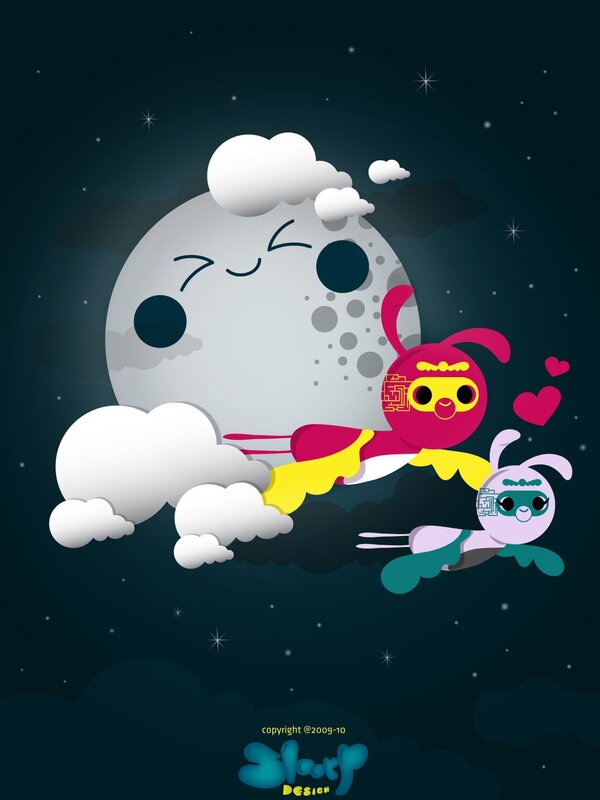 Cute characters flying by the moon