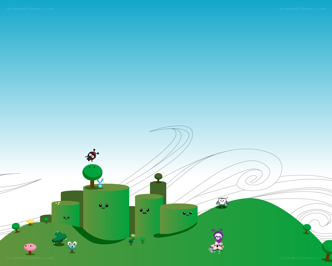 cute creatures on green hills