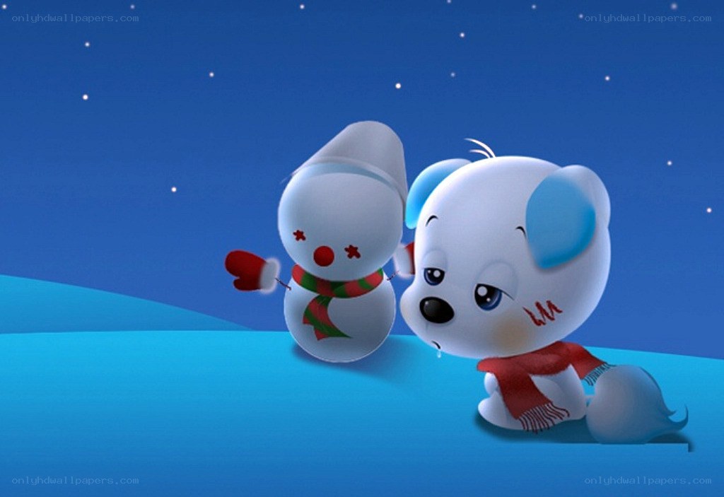 cute puppy and snowman in winter