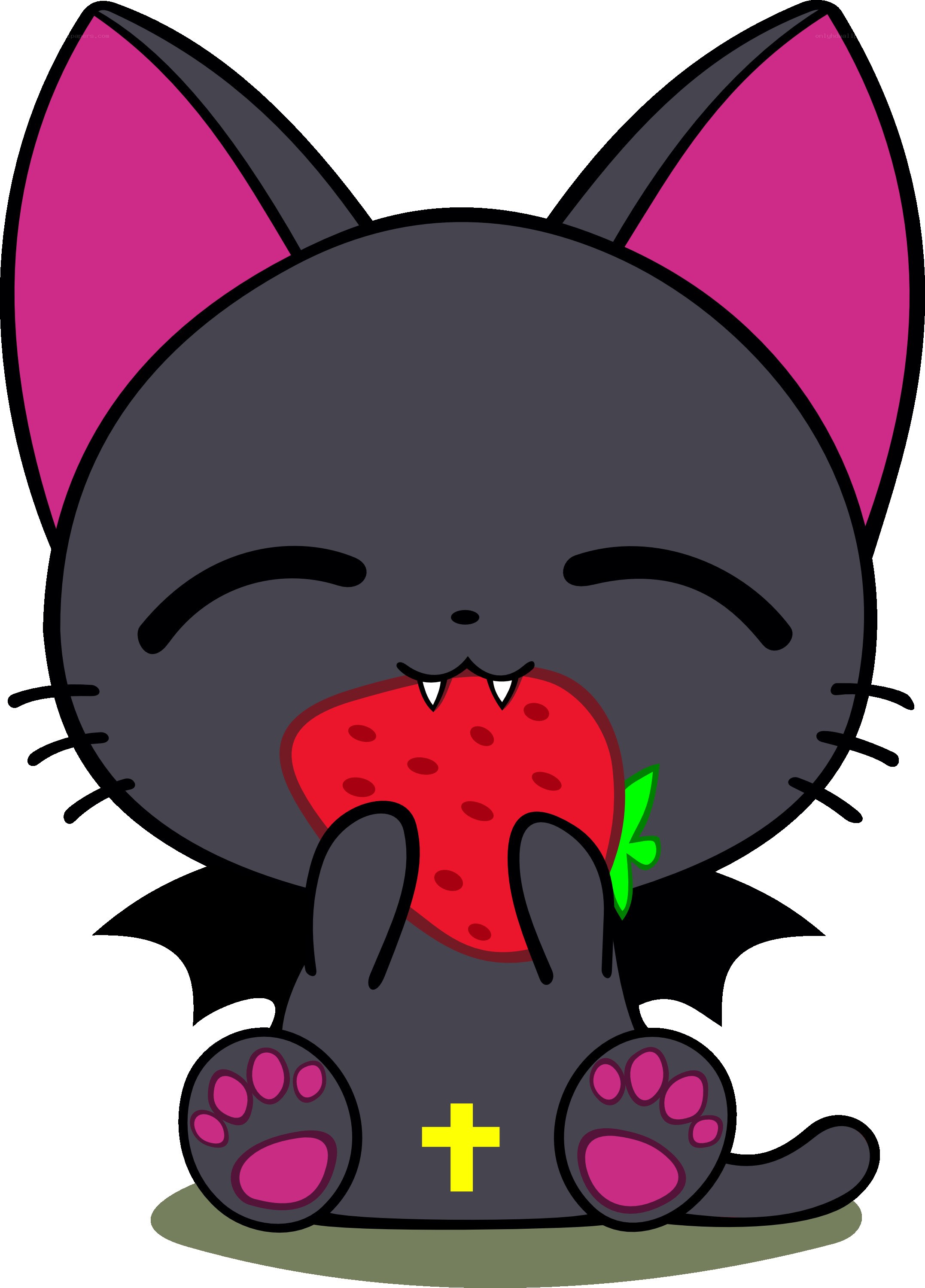 cute vampire cat eating strawberry