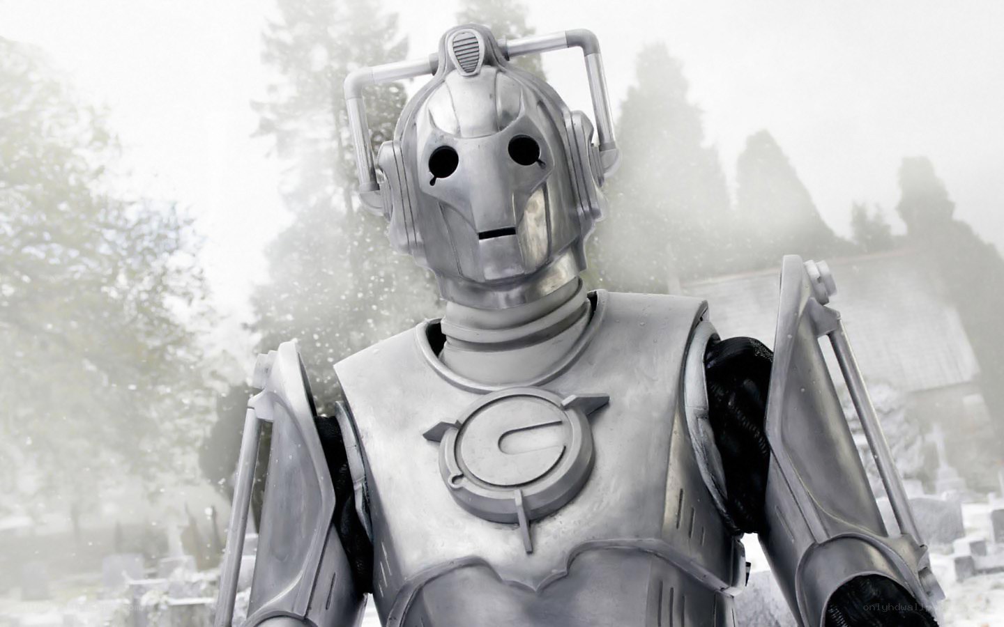Cyberman in snowy graveyard