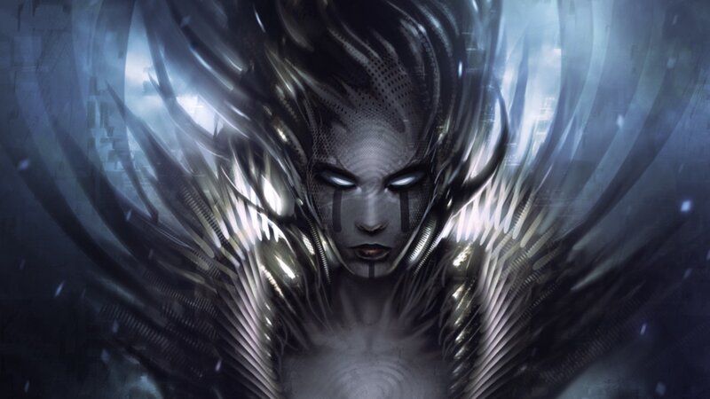cybernetic angel with glowing eyes