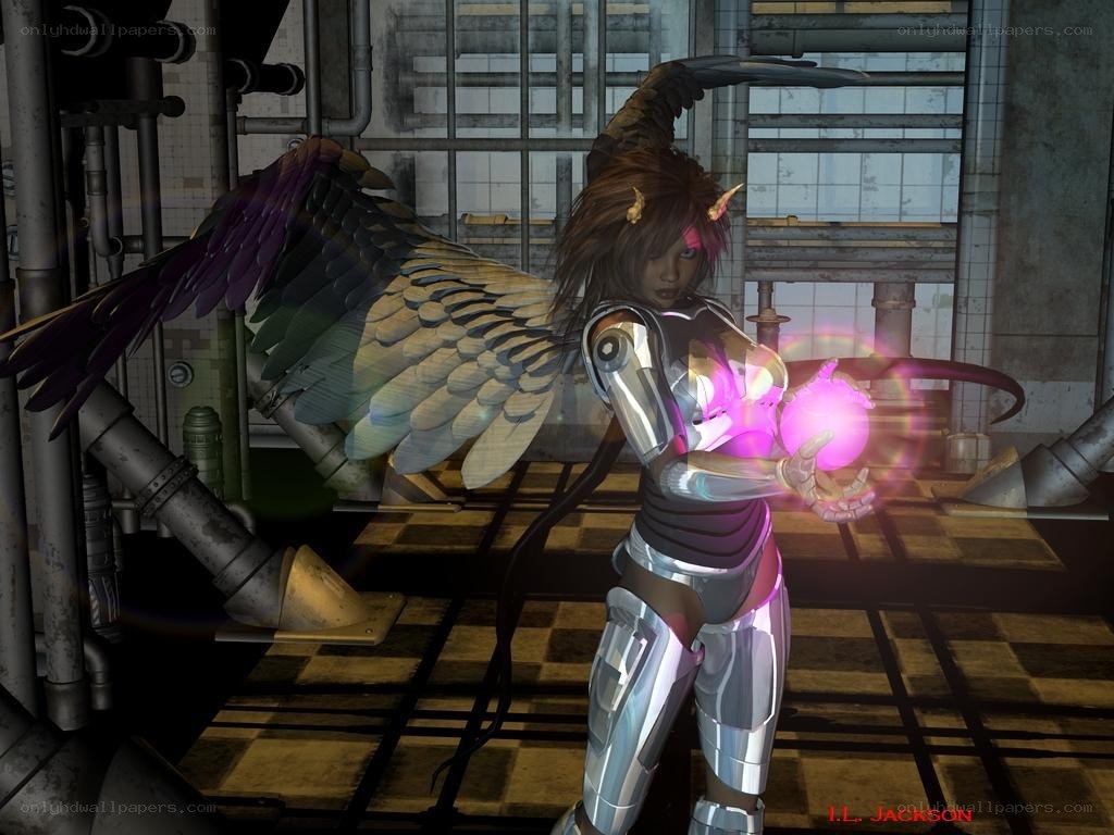 cybernetic angel with glowing orb