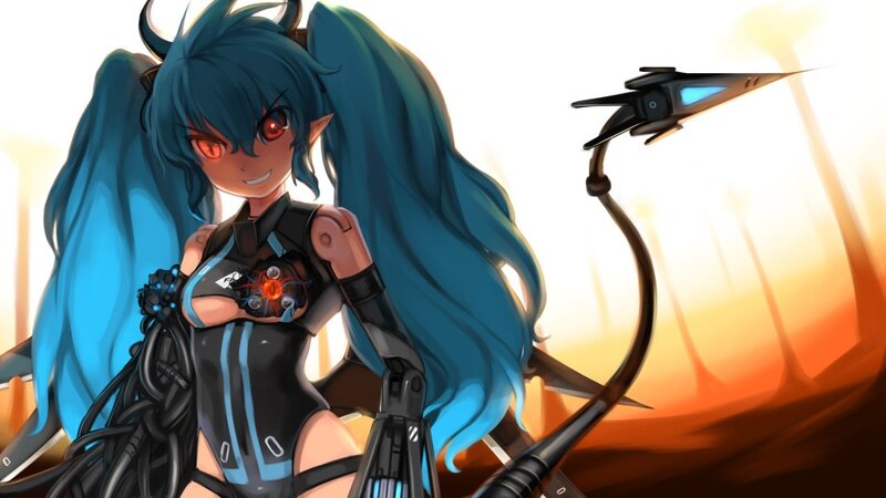 cybernetic anime character with blue hair