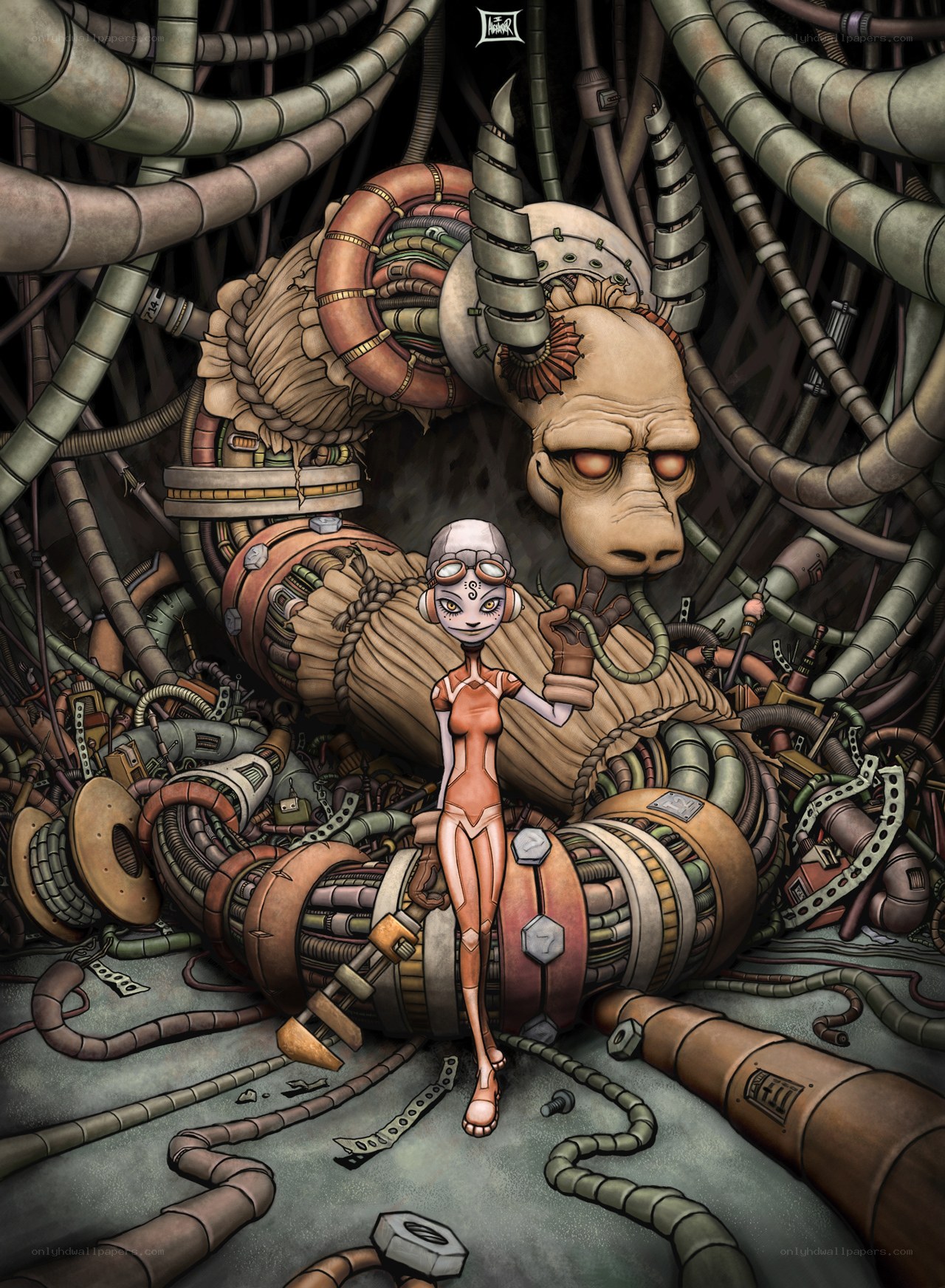 cybernetic creature with girl
