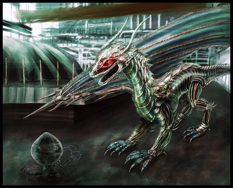 cybernetic dragon in industrial setting