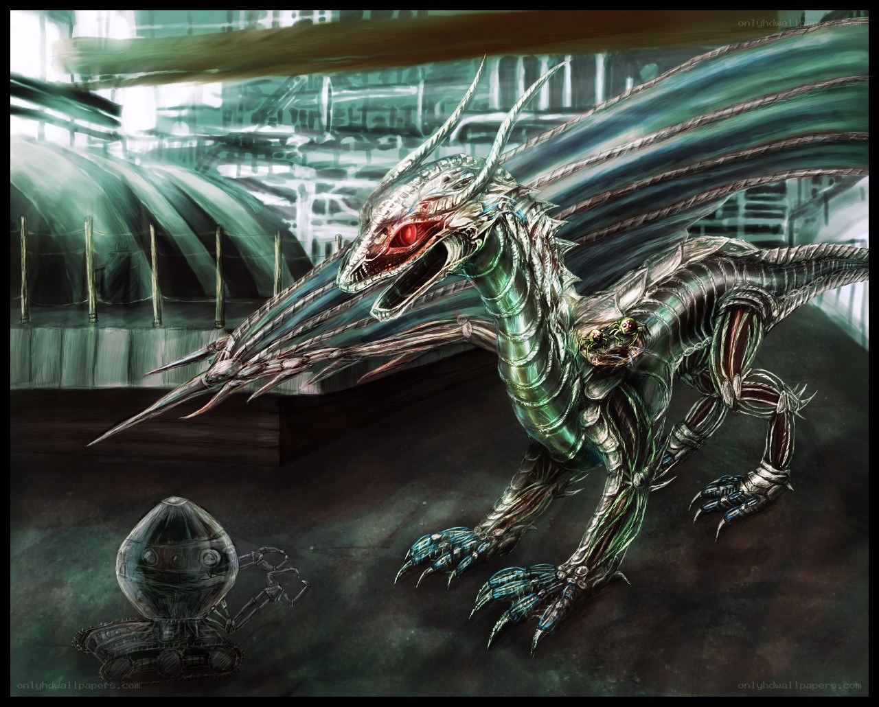 cybernetic dragon in industrial setting