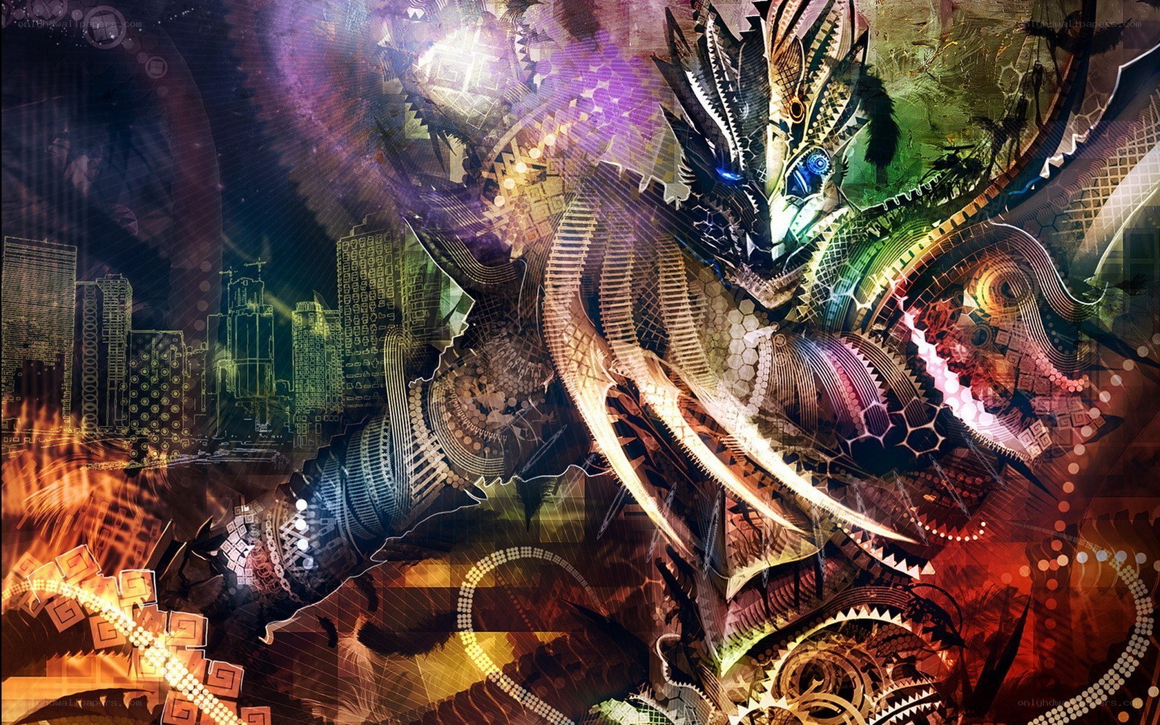 cybernetic dragon over city