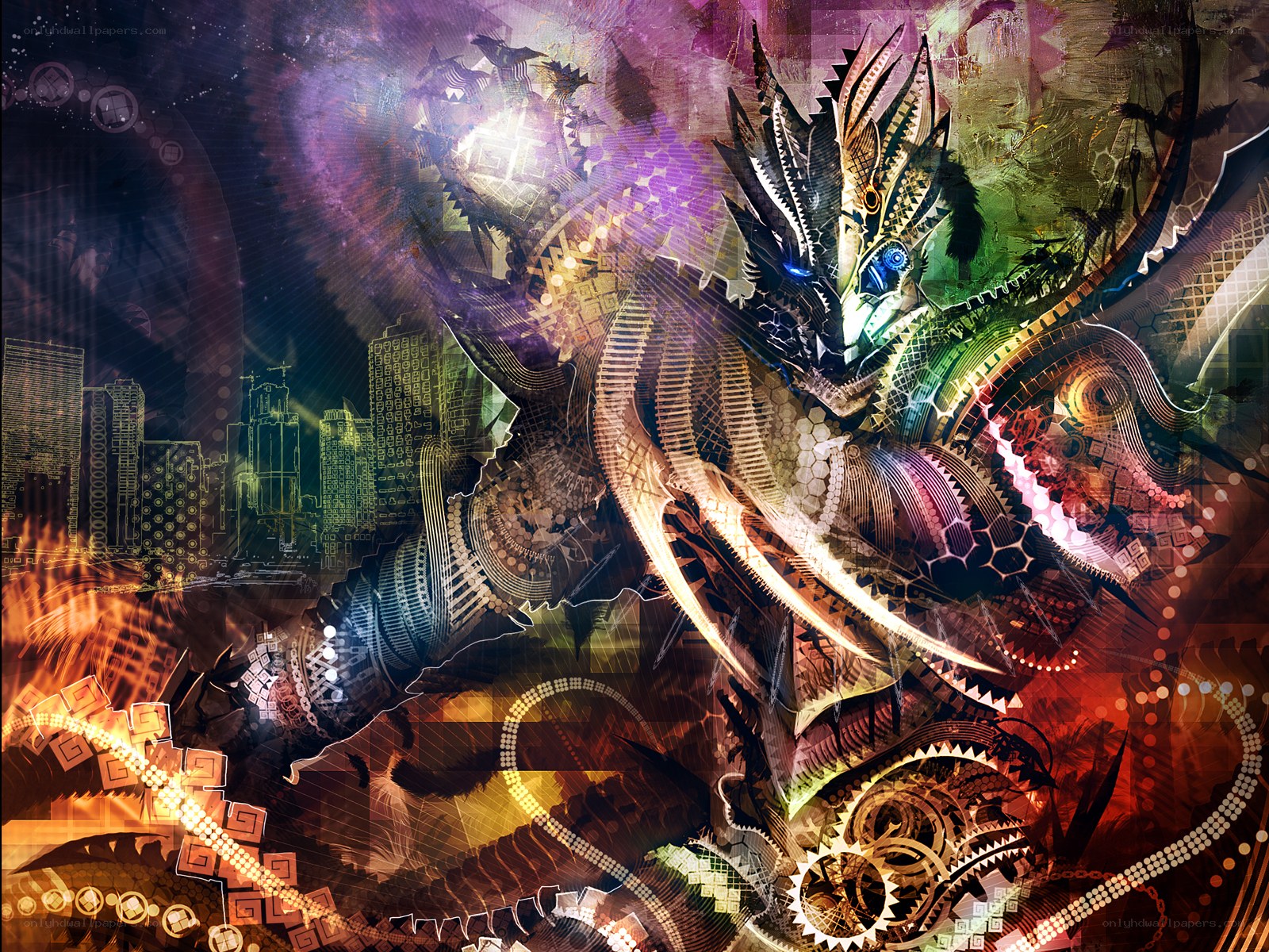 cybernetic dragon over city
