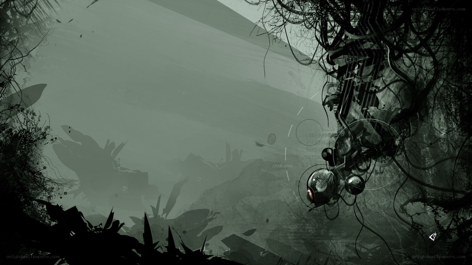 cybernetic entity in overgrown ruins