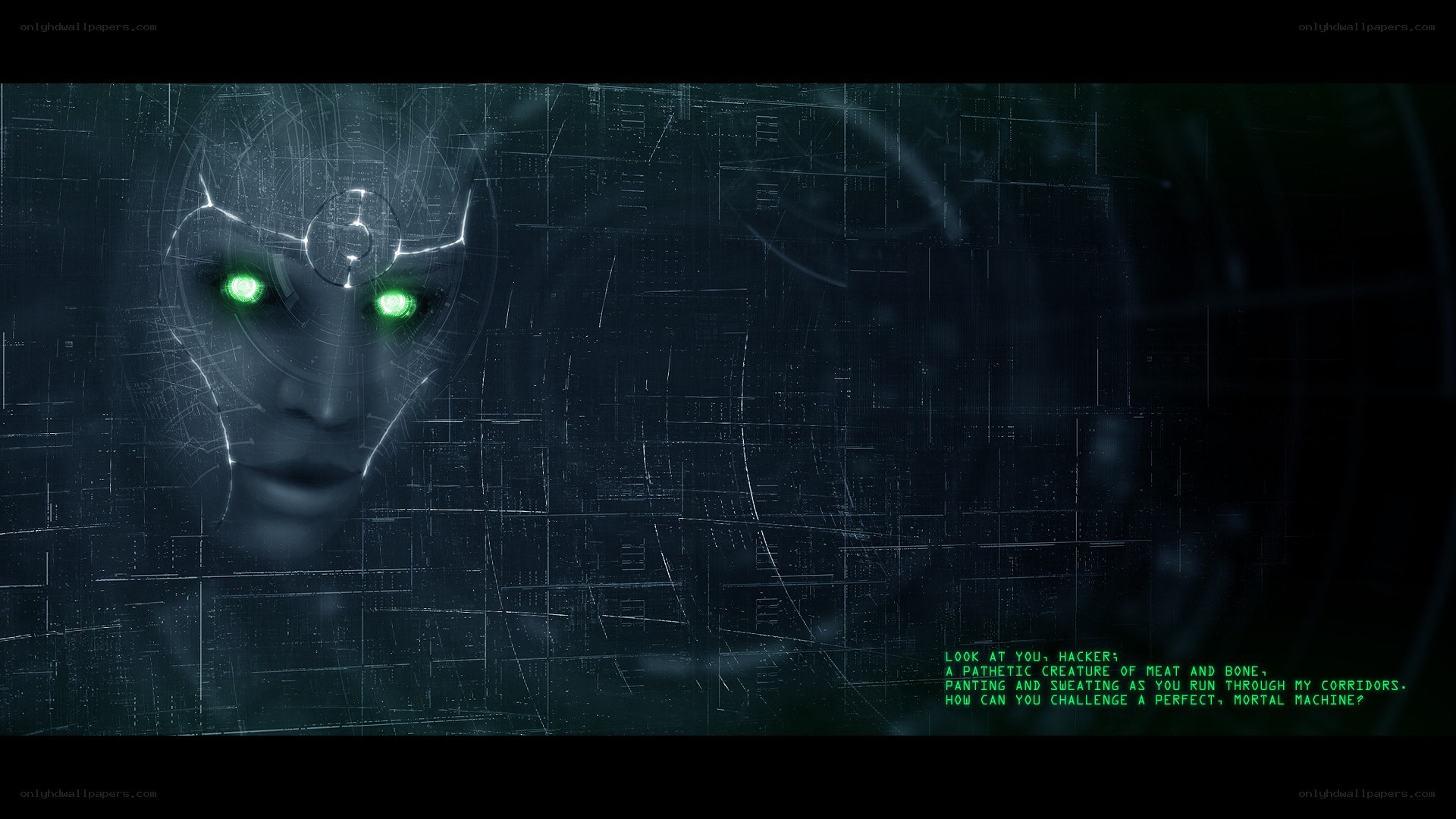 cybernetic entity with green eyes