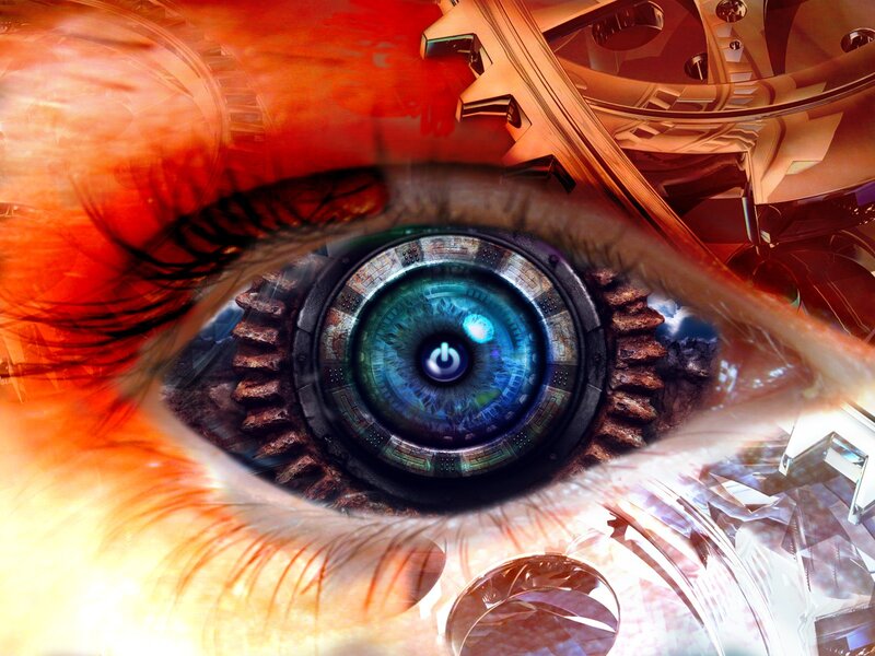 Cybernetic Eye — Blue, Dramatic, Digital Art, Gears