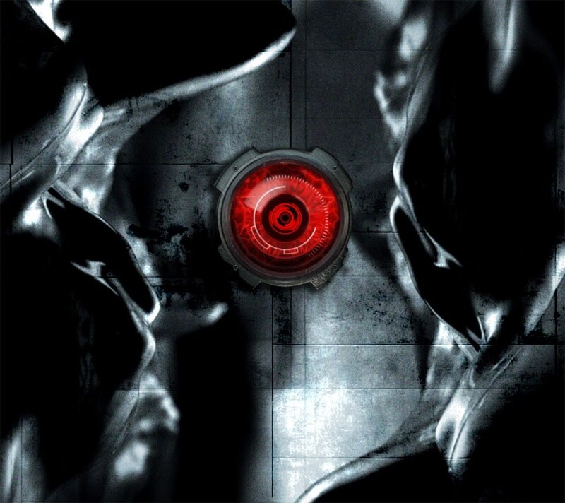 cybernetic eye on metal surface