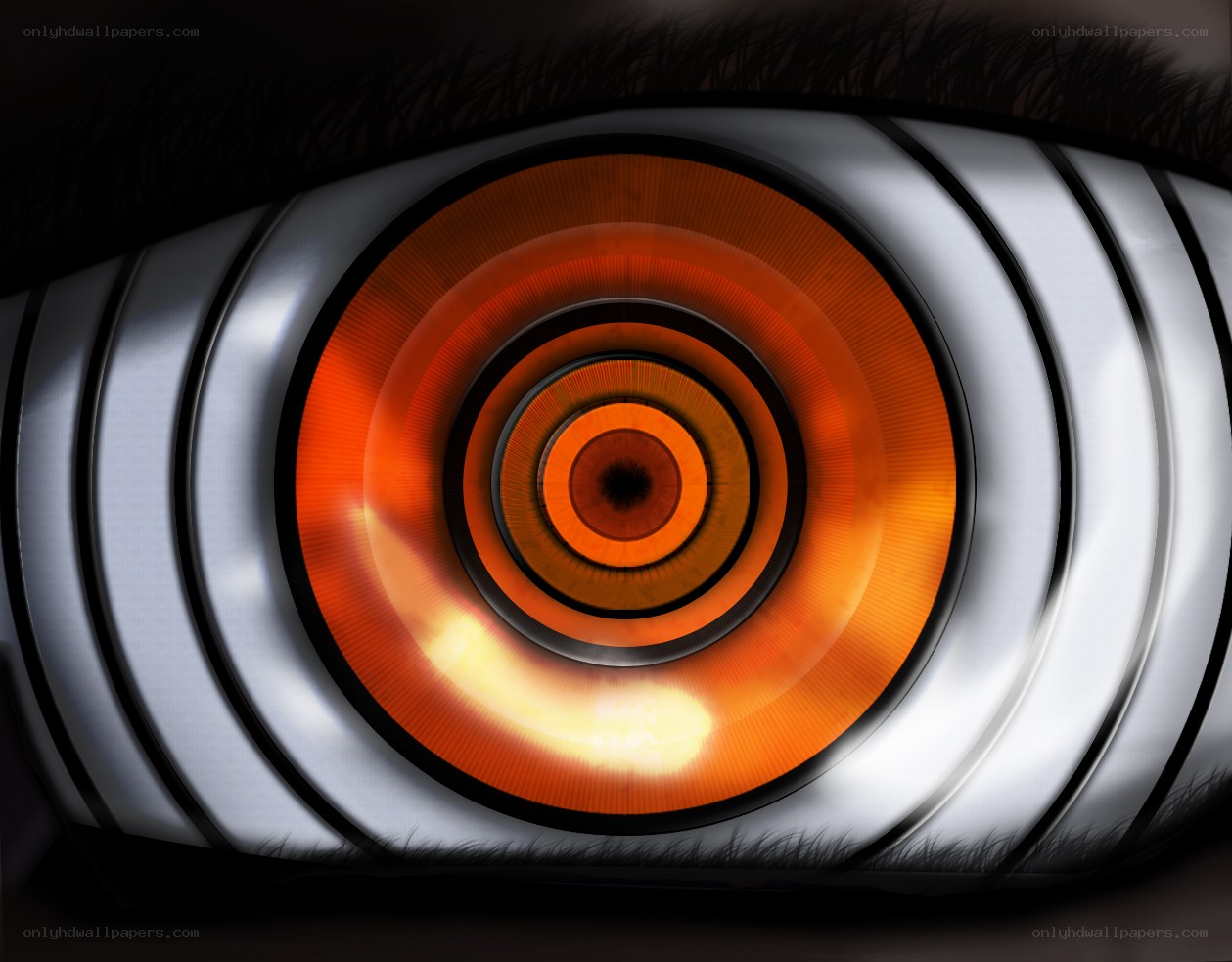 cybernetic eye with glowing orange iris