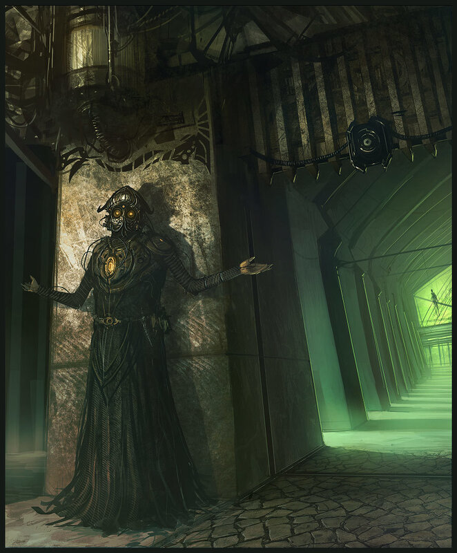 cybernetic figure in dark corridor