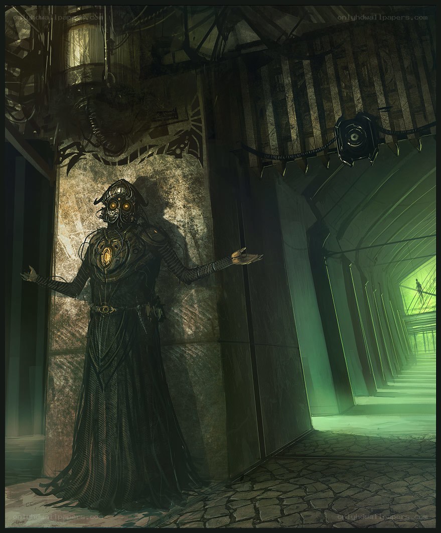 cybernetic figure in dark corridor