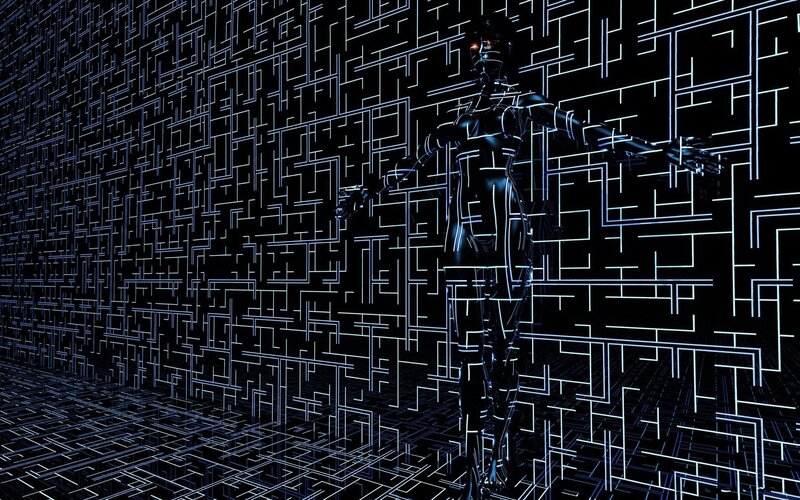 cybernetic figure in digital maze