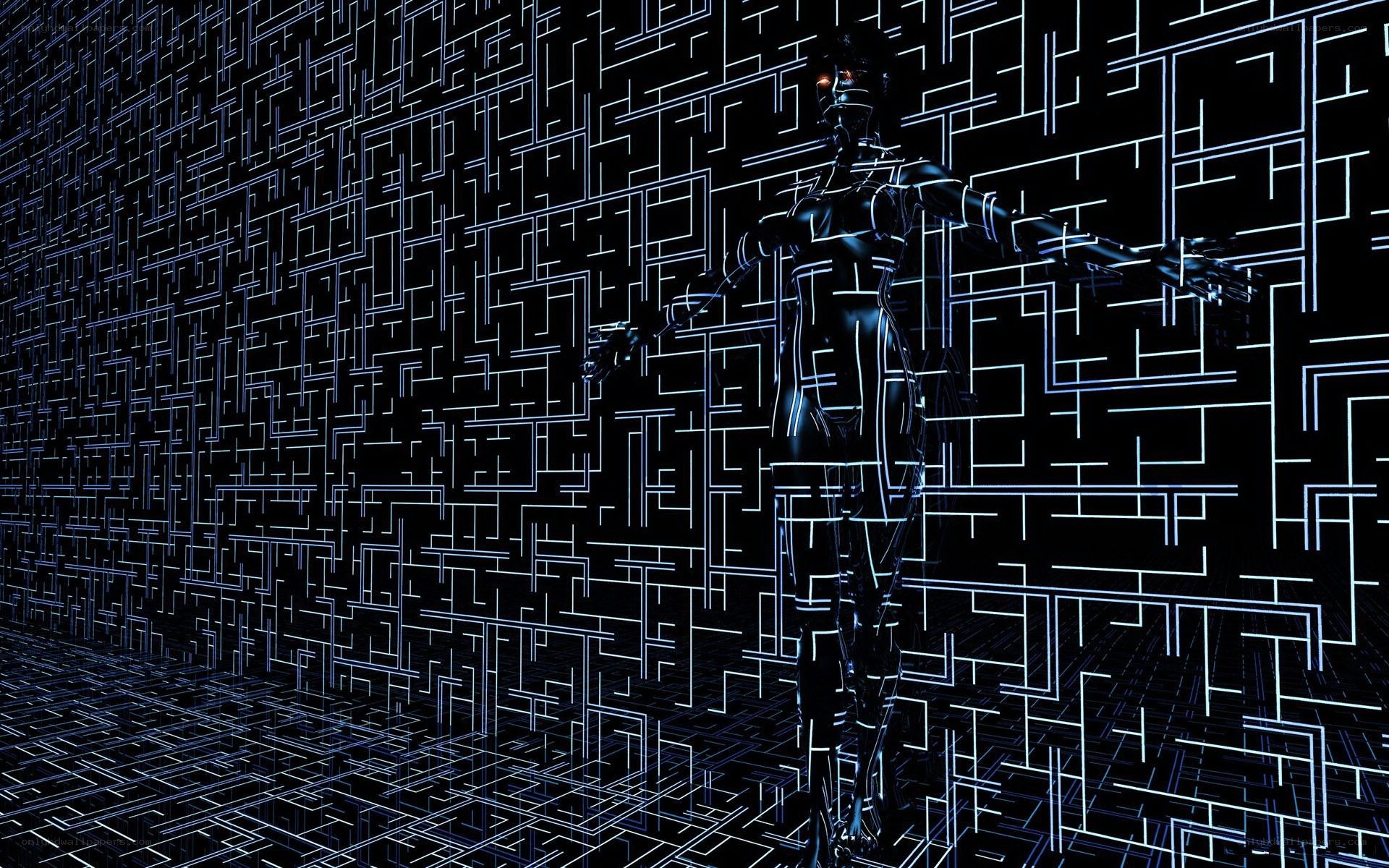 cybernetic figure in digital maze