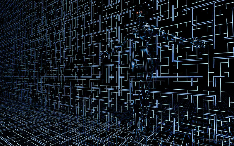 cybernetic figure in digital maze
